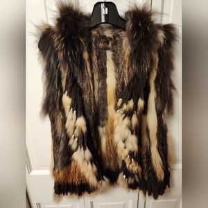 Autunno Fur Hooded Vest Natural Fox Rabbit Racoon Boho Hippie Fringe Coach Small